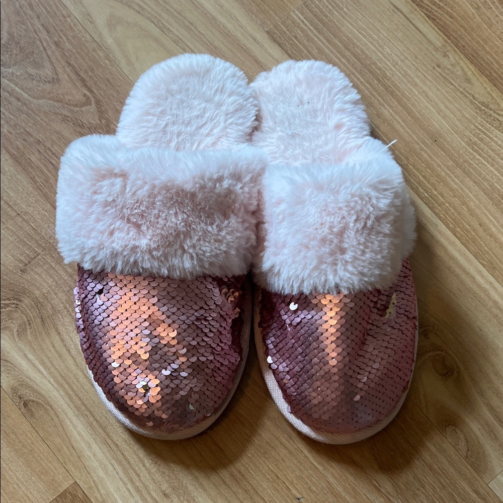 Pink and silver Sequin and Fur Slippers